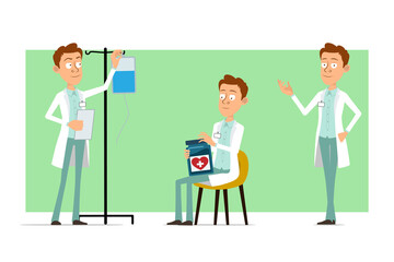 Cartoon flat funny doctor man character in white uniform with badge. Boy working with medical drop counter and holding document. Ready for animation. Isolated on green background. Vector set.
