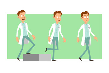 Cartoon flat funny doctor man character in white uniform with badge. Successful tired boy walking up to his goal. Ready for animation. Isolated on green background. Vector set.