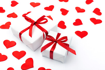 Background with gift and hearts with copy space for text on white background. Valentines day concept. Mother's Day concept.