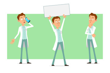 Cartoon flat funny doctor man character in white uniform with badge. Boy thinking and holding blank paper sign for text. Ready for animation. Isolated on green background. Vector set.