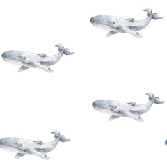 Fototapeta premium Whales seamless pattern on white background. Hand drawn illustration. Watercolor and graphic style. Ocean animal.