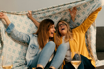 Cheerful daughter and mother holding blanket on sofa in living room