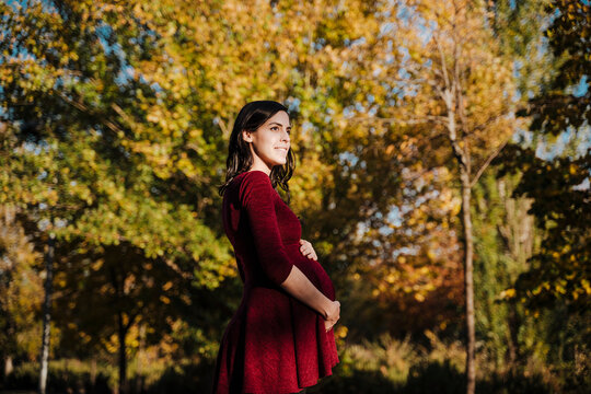 Pregnant woman with hands on stomach standing in park during autumn