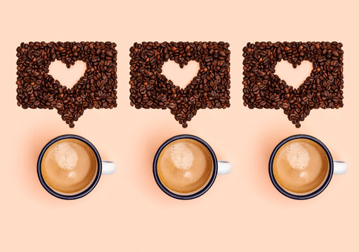 Studio shot of mugs of coffee and roasted coffee beans arranged into shapes of online chat bubbles