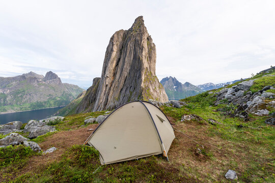 Tent against Segla mountain at Norway