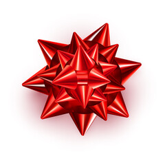 Red bow ribbon isolated on white background. Realistic shiny bow for card, gift box, greeting card, wrapping present. Festive decorative element for design. Vector illustration