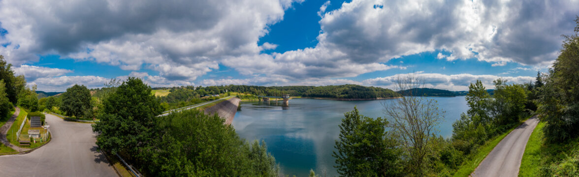 Panoramic view of the Great Dhünn dam. Germany,  Drone photography.