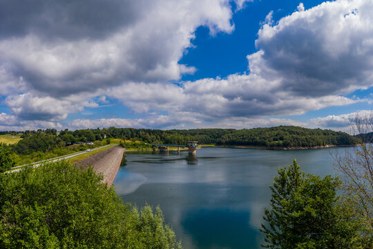 Panoramic view of the Great Dhünn dam. Germany,  Drone photography.