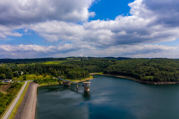 Fototapeta na wymiar Panoramic view of the Great Dhünn dam. Germany, Drone photography.