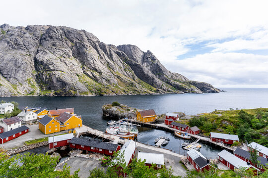 Nusfjord village situated by sea at Lofoten, Norway