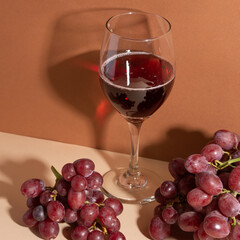 The wine glass of red wine and bunch of grapes on beige background. The shadow on the wall. Wine is always good idea. Space for text.