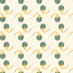Repeat pattern with small classic pumpkins on a creme background.
