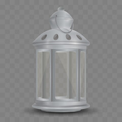 White Christmas latern, lamp for tealight with glass on transparent background. Look like 3d rendering. Happy New Year illustration for greeting card, banner, decor, design, party. 