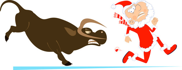 
Angry bull and Santa Claus cartoon illustration. Frightened Santa Claus runs out from the angry bull isolated on white illustration
