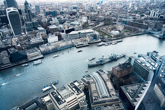 United Kingdom, London, The Walkie Talkie Building and The River Thames, aerial view