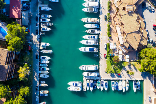 Aerial view of rows of boats at marina of Santa Ponca, Mallorca