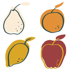 Apple, pear, lemon and orange fruit modern flat vector illustration, simple and minimalistic set of citrus and tropic and garden fruits for print and web design