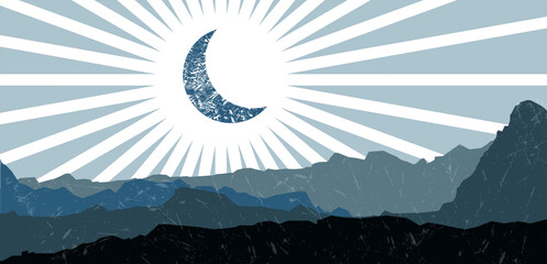 Mid century minimalistic mountains and moon background. Minimalist poster. Abstract landscape vector illustration. 