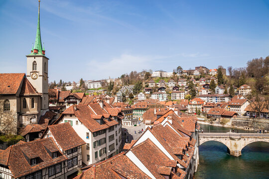 High angle view of rooftop by aare river in Switzerland