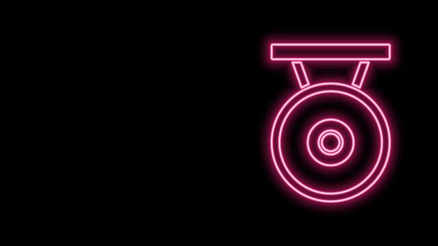 Glowing neon line Gong musical percussion instrument circular metal disc icon isolated on black background. 4K Video motion graphic animation