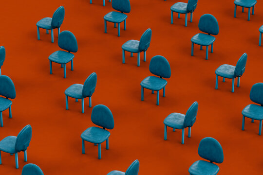 Rows of blue empty chairs on red background