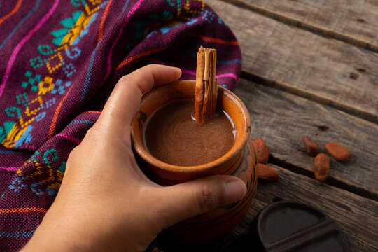 Mexican hot cocoa on wooden background