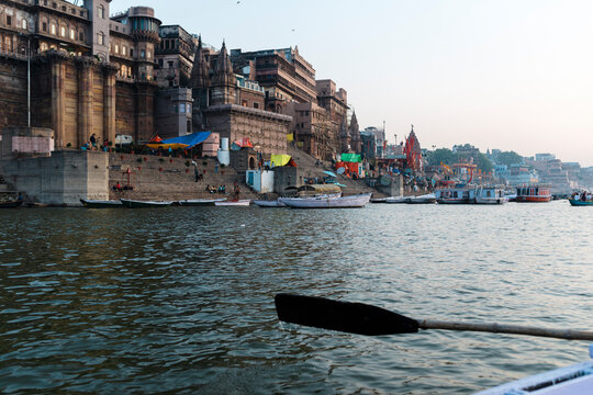 India, Uttar Pradesh, Varanasi, Waterfront of city on bank of river Ganges