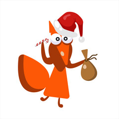 Funny fox with santa hat, candy cane and bag of gifts. Merry Christmas character in cartoon style isolated on a white background. Vector illustration.