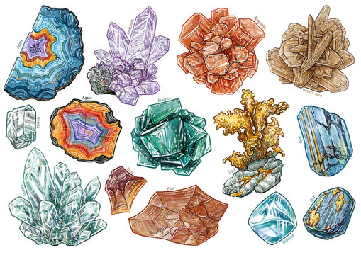 Mineral collection illustration, drawing, colorful, watercolor