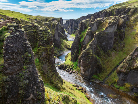 Scenic view of Fjadra river flowing through Fjadrargljufur&Ocirc;&oslash;&Omega;canyon