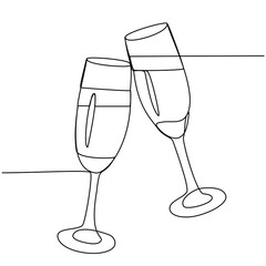 Champagne glasses Continuous Line drawing. Two glasses of sparkling wine to clink. Happy New Year, Merry Christmas, Happy Valentine's Day. Holidays. Vector illustration.