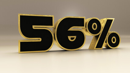 56 percent 3d gold and black luxury text isolated on white, 3d render illustration