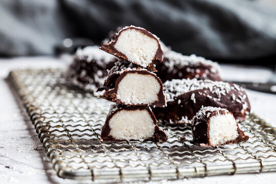 Homemade chocolate bars with coconut filling