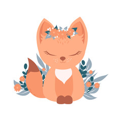 unny cartoon red summer fox with flower crown. Cute animal poster, flat isolated template for birthday greeting cards, nursery design, kids poster. Vector illustration