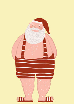 Clip art of Santa Claus wearing old-fashioned swimwear and flip-flops