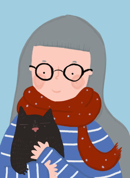 Clip art of senior woman wearing eyeglasses holding pet cat