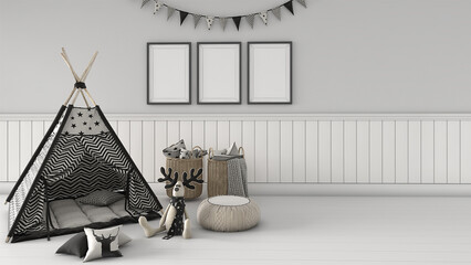Interior baby room with mock up poster frame. 3D rendering, 3D illustration