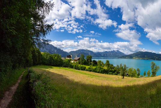 Austria, Upper Austria, Steinbach am Attersee, Footpath stretching along edge of countryside meadow in summer with Lake Atter in background
