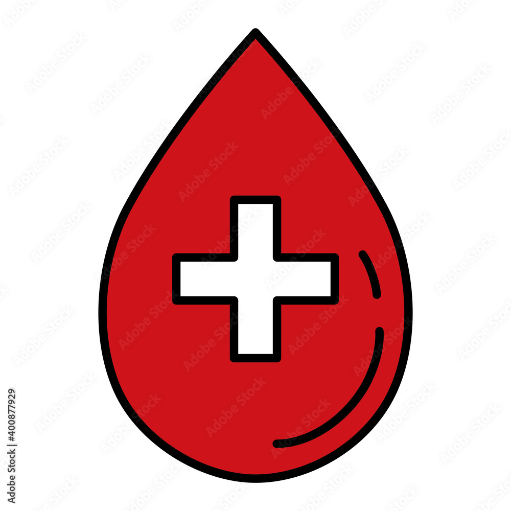 Sticker medical cross symbol in blood drop line and fill style icon vector illustration design