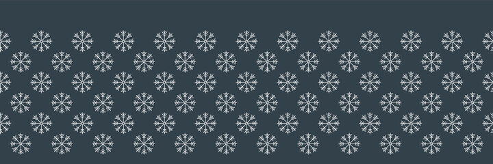 Dark blue vector illustration. Snowflakes horizontal seamless pattern border background.