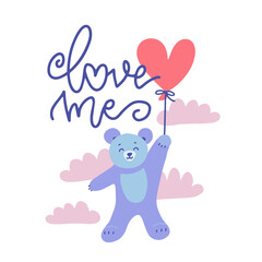 Fototapeta premium Cute Valentine Teddy Bear With Red Heart Balloon flying in cloudy sky. Vector flat hand drawn illustration with lettering text - Love me.