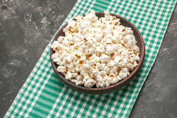 half-top view fresh popcorn on dark background darkness cinema movie color corn snack