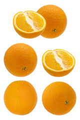 Set of orange fruit. Whole, half and sliced orange isolated on white background.