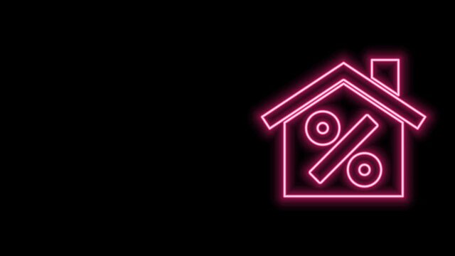 Glowing neon line House with percant discount tag icon isolated on black background. Real estate home. Credit percentage symbol. 4K Video motion graphic animation