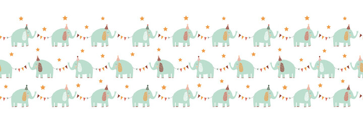 Elephants parading with party flag garlands horizontal border. Illustration, vector file.