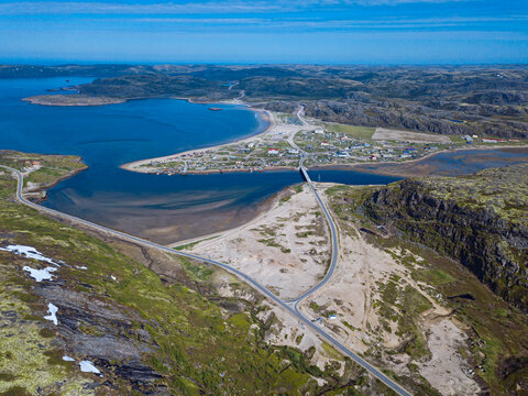 Russia, Murmansk region,&not;&dagger;Kolsky&not;&dagger;District, Teriberka, Sea coast and roads, aerial view
