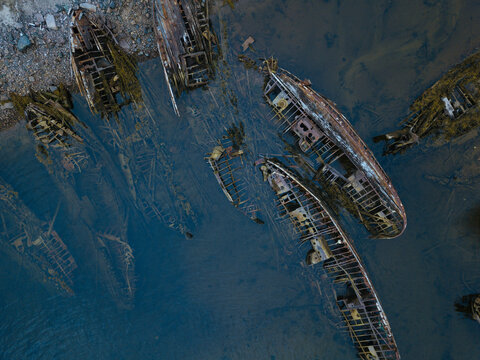 Russia, Murmansk region,&not;&dagger;Kolsky&not;&dagger;District, Teriberka, Shipwrecks on Barents Sea coast, aerial view