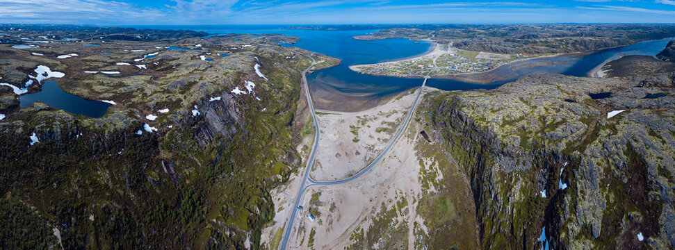 Russia, Murmansk region,&not;&dagger;Kolsky&not;&dagger;District, Teriberka, Sea coast and roads, aerial view