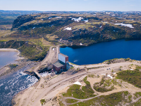 Russia, Murmansk region,&not;&dagger;Kolsky&not;&dagger;District, Teriberka,&not;&dagger;Teriberka&not;&dagger;river in landscape, aerial view