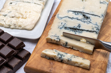 Italian food, buttery or firm blue cheese made from cow milk in Gorgonzola, Milan, Italy
